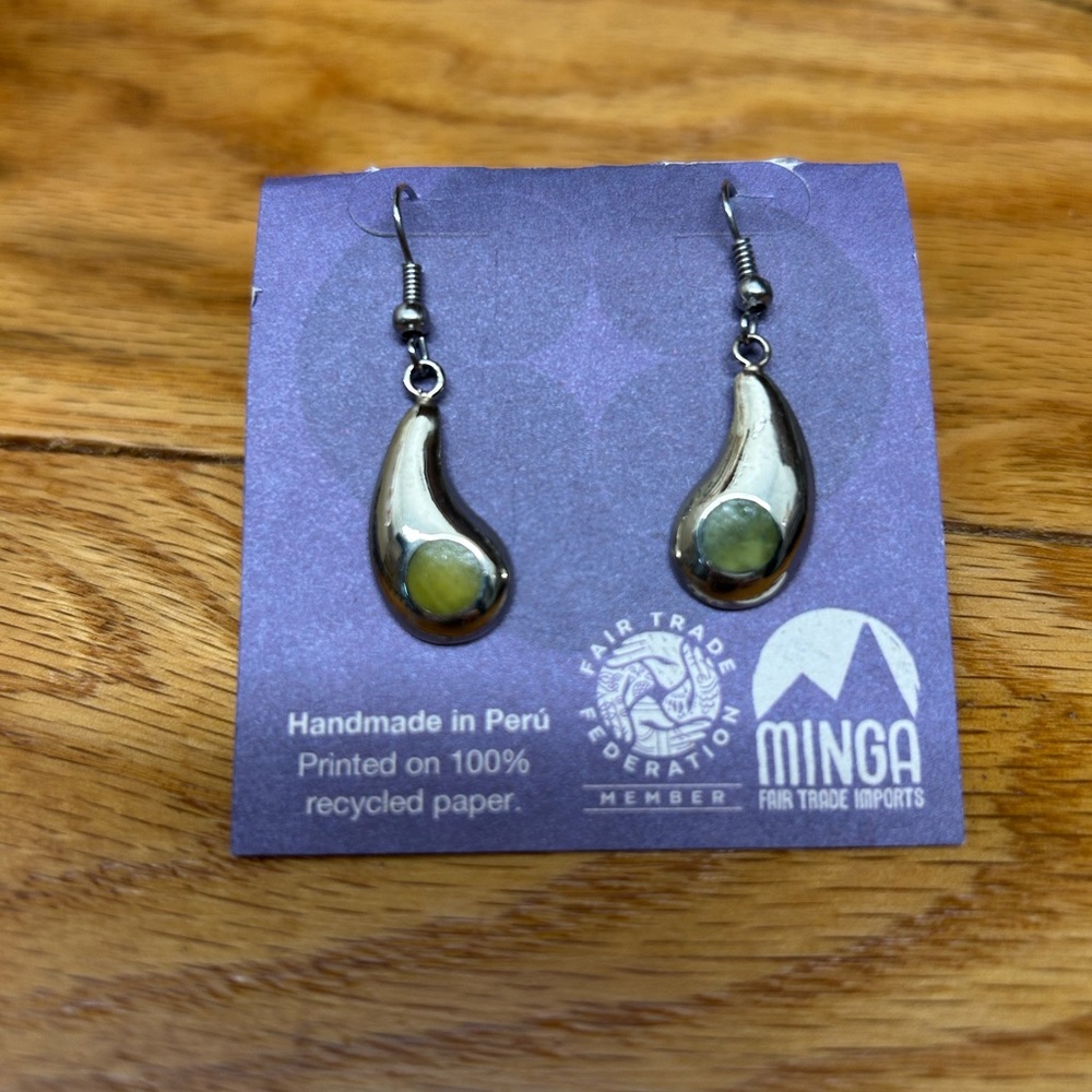 Silver and Green Teardrop Earrings